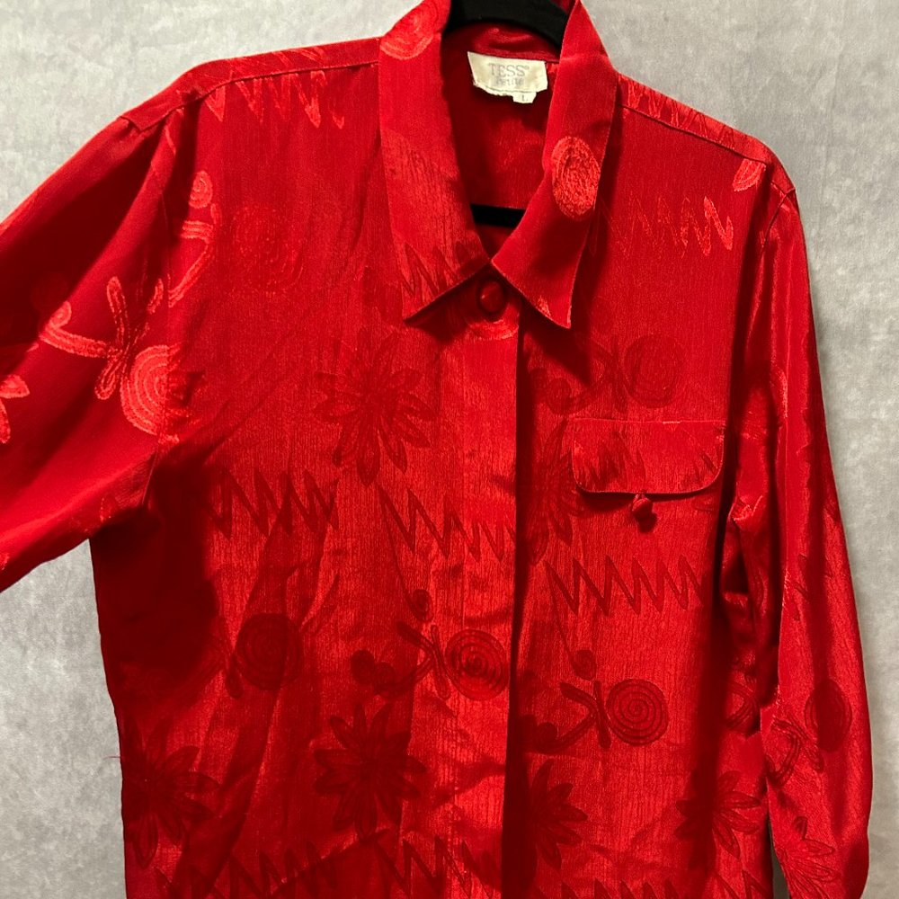Vintage Bright Red Abstract Print Button Up